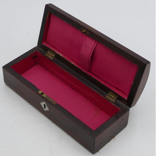 794 - A 19th Century rosewood, rectangular dome topped box with hinged, inset with Mother of Pearl, enclos... 