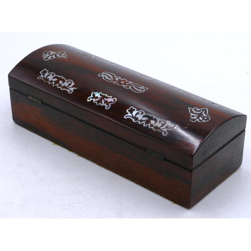 794 - A 19th Century rosewood, rectangular dome topped box with hinged, inset with Mother of Pearl, enclos... 