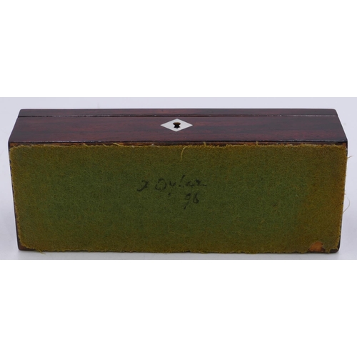 794 - A 19th Century rosewood, rectangular dome topped box with hinged, inset with Mother of Pearl, enclos... 