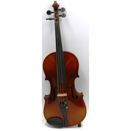 795 - A 2-piece back violin, 34 inch back with bow, cased