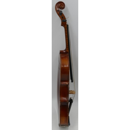 795 - A 2-piece back violin, 34 inch back with bow, cased