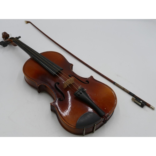 795 - A 2-piece back violin, 34 inch back with bow, cased