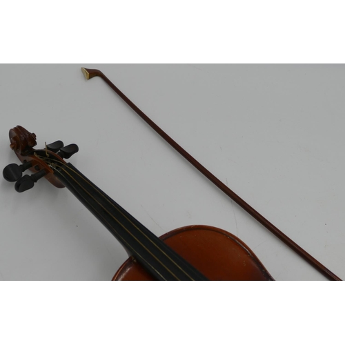 795 - A 2-piece back violin, 34 inch back with bow, cased