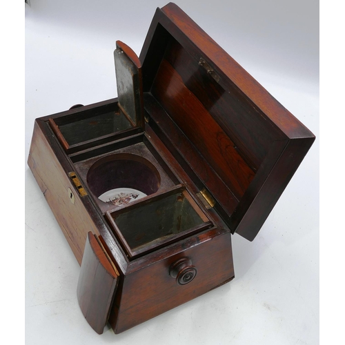 798 - A 19th Century rosewood sarcophagus shaped tea caddy with hinged lid enclosing 2 bone lidded tea cad... 