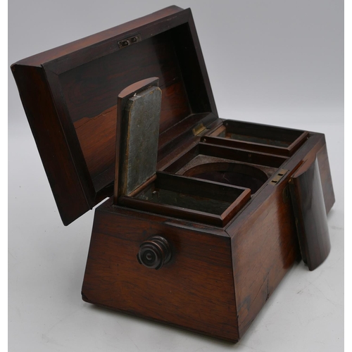 798 - A 19th Century rosewood sarcophagus shaped tea caddy with hinged lid enclosing 2 bone lidded tea cad... 