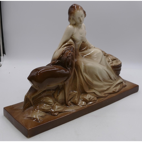 80 - An Art Deco china group of seated lady and deer on white and brown ground, 54cm wide, 38.5cm high.