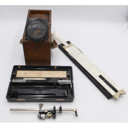 832 - An ALT altitude monitor in later made case, an Allbrit instrument, cased and a Thornton slide ruler,... 