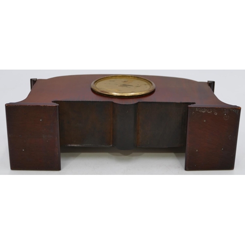 840 - An Edwardian mahogany mantel clock with carved leaf and scroll decoration, silvered dial with Roman ... 