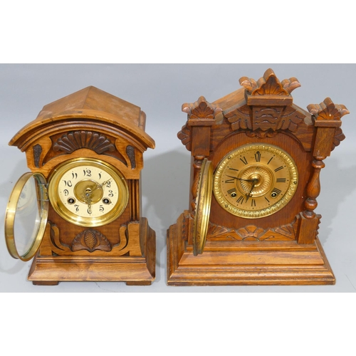 843 - A Jughans walnut 8 day striking mantel clock with carved scroll and shell motifs, cream enamelled di... 