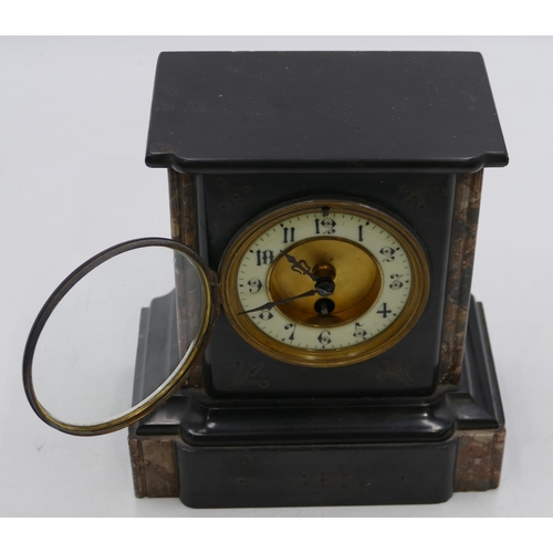 847 - A black slate timepiece with cream chapter ring with Arabic numerals, 21cm high x 20cm wide