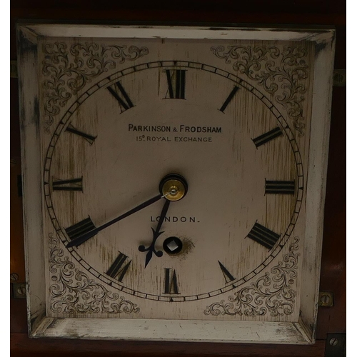 849 - Parkinson and Fordsham, London Fusee, burr walnut mantel clock with silver dial and Roman numerals, ... 