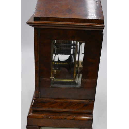 849 - Parkinson and Fordsham, London Fusee, burr walnut mantel clock with silver dial and Roman numerals, ... 