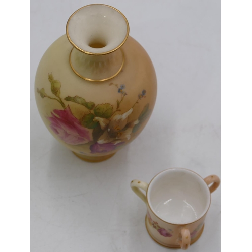 85 - A Royal Worcester blush round bulbous thin necked trumpet shaped vase with hand painted floral and l... 