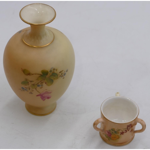 85 - A Royal Worcester blush round bulbous thin necked trumpet shaped vase with hand painted floral and l... 