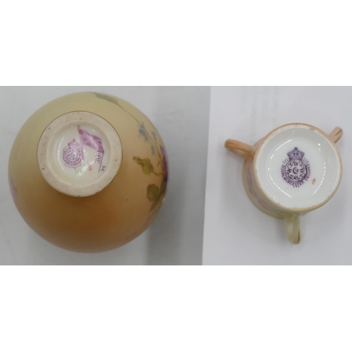 85 - A Royal Worcester blush round bulbous thin necked trumpet shaped vase with hand painted floral and l... 