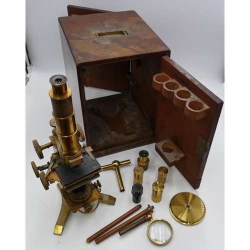 850 - Ross, London compound monocular 19th Century brass microscope with fitted mahogany case with double ... 