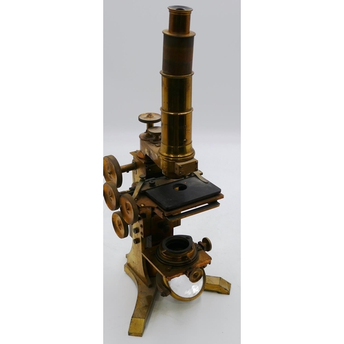 850 - Ross, London compound monocular 19th Century brass microscope with fitted mahogany case with double ... 