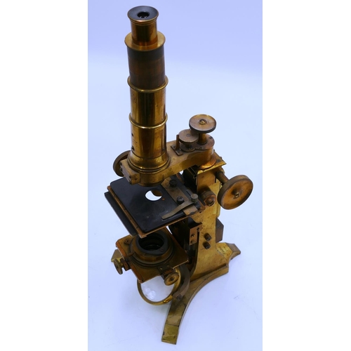 850 - Ross, London compound monocular 19th Century brass microscope with fitted mahogany case with double ... 