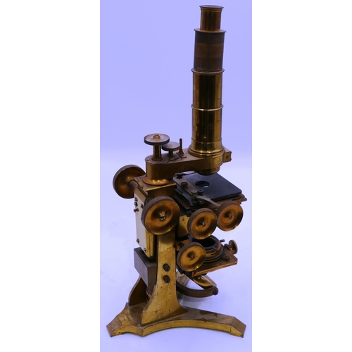 850 - Ross, London compound monocular 19th Century brass microscope with fitted mahogany case with double ... 