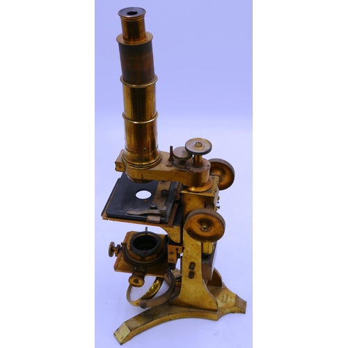 850 - Ross, London compound monocular 19th Century brass microscope with fitted mahogany case with double ... 