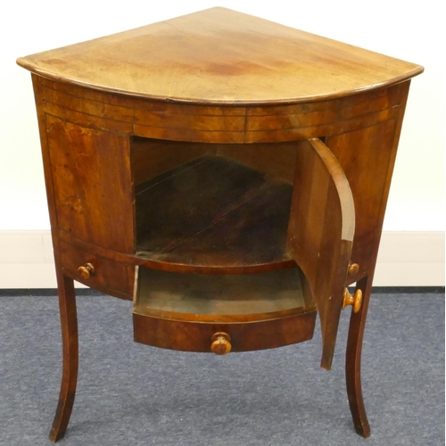 858 - A George III mahogany bow fronted corner wash stand with hinged top, enclosing sectioned interior, 1... 