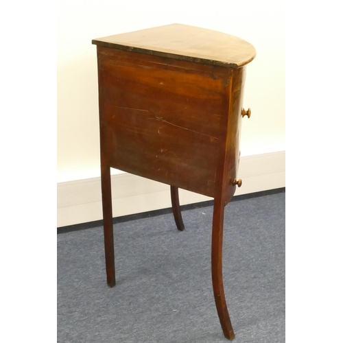 858 - A George III mahogany bow fronted corner wash stand with hinged top, enclosing sectioned interior, 1... 