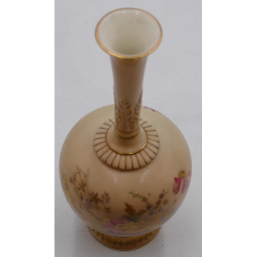 86 - A Royal Worcester blush round bulbous thin necked trumpet shaped vase with hand painted floral, leaf... 