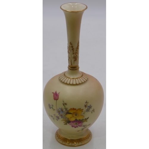 86 - A Royal Worcester blush round bulbous thin necked trumpet shaped vase with hand painted floral, leaf... 