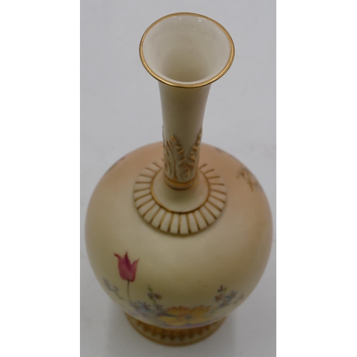 86 - A Royal Worcester blush round bulbous thin necked trumpet shaped vase with hand painted floral, leaf... 