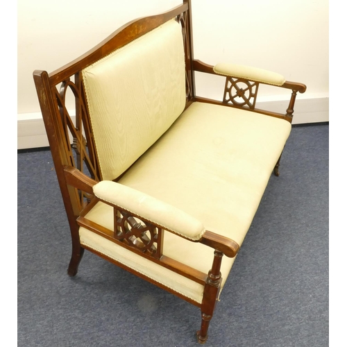 862 - An Edwardian mahogany 2-seater settee with inlaid floral, leaf and stringing decoration, overstuffed... 