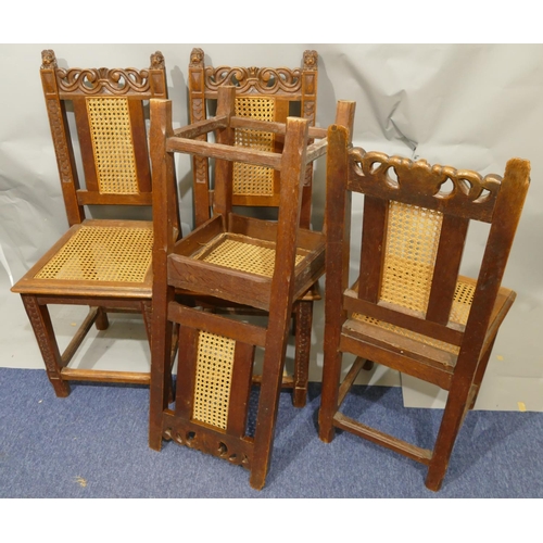 867 - A set of 4 19th Century oak single chairs with carved lion motifs, Bergere seats and part backs on s... 