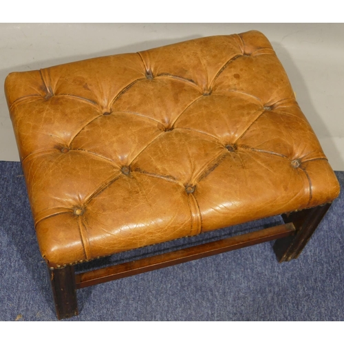 871 - A reproduction mahogany framed footstool with brown leather buttoned top, square fluted legs, 58cm w... 