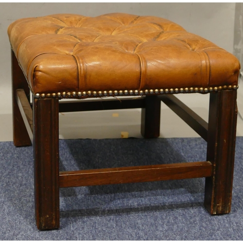 871 - A reproduction mahogany framed footstool with brown leather buttoned top, square fluted legs, 58cm w... 