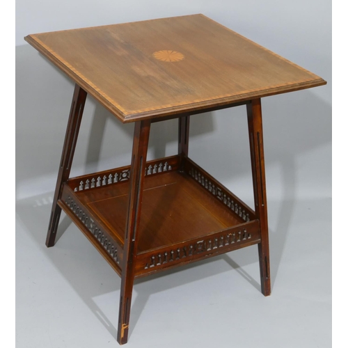 898 - An Edwardian mahogany square occasional table with inlaid shell motif, banding and stringing, on squ... 