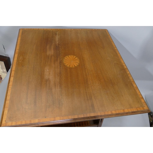 898 - An Edwardian mahogany square occasional table with inlaid shell motif, banding and stringing, on squ... 