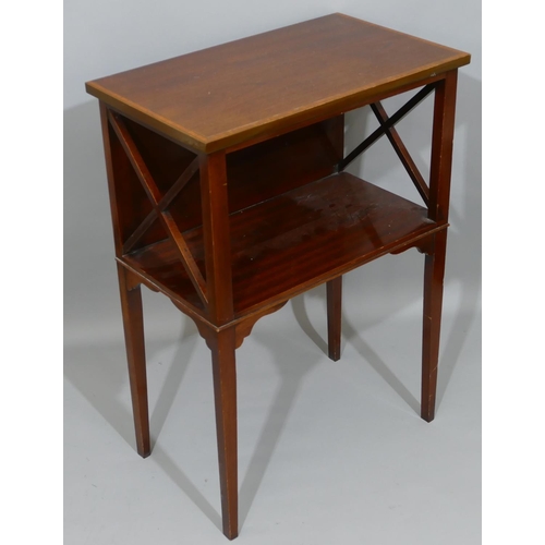 900 - A mahogany rectangular shaped bookshelf with banded top, X-shaped ends, with under tier and on squar... 