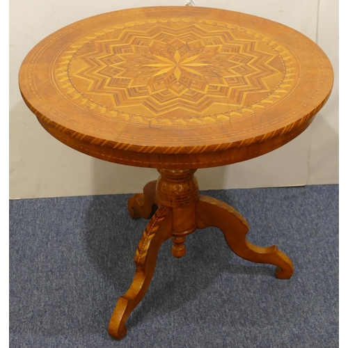 905 - A marquetry circular occasional table with single drawer, allover inlaid star, boxing and stringing ... 