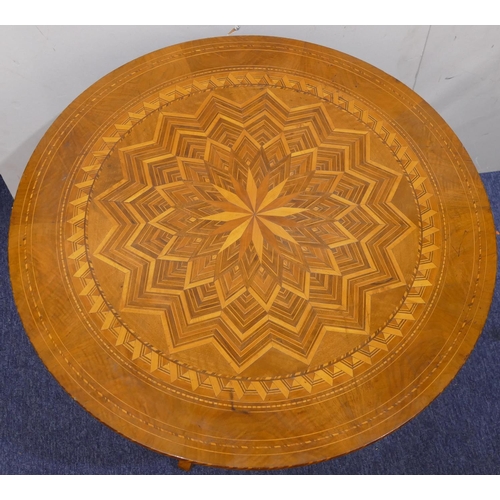 905 - A marquetry circular occasional table with single drawer, allover inlaid star, boxing and stringing ... 