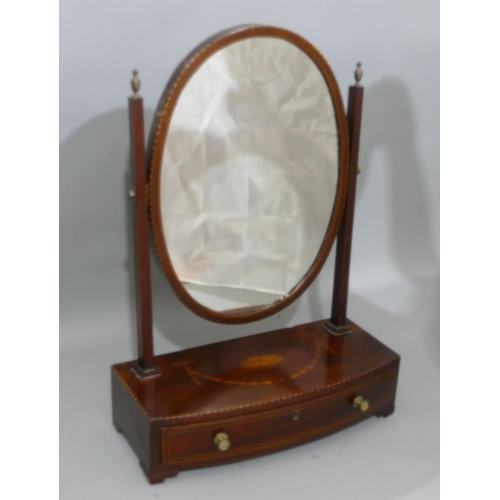 906 - George III mahogany bow fronted box toilet mirror with allover inlaid shell, ribbon, swag and boxing... 