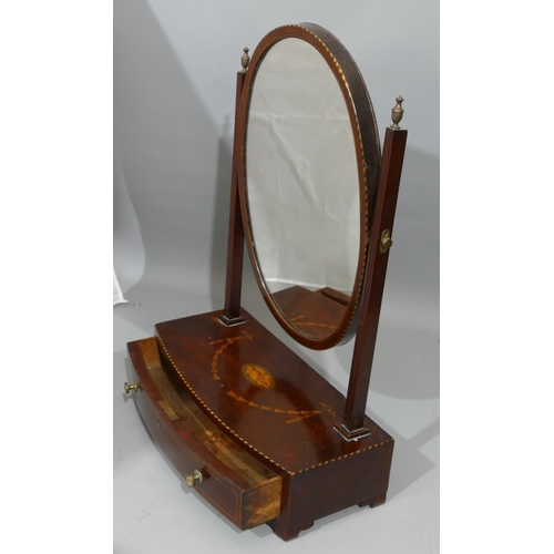 906 - George III mahogany bow fronted box toilet mirror with allover inlaid shell, ribbon, swag and boxing... 