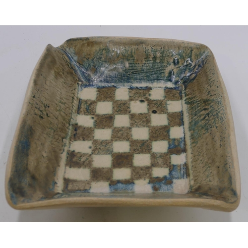 94 - David Sharp, Rye glazed earthenware rectangular shaped bowl with chess board style centre, on 4 feet... 