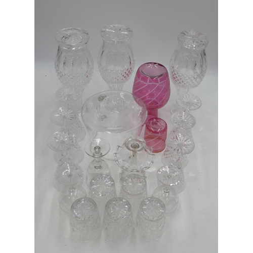 95 - 3 Waterford crystal round bulbous thin necked decanters with stoppers, a set of 6 Waterford round tr... 