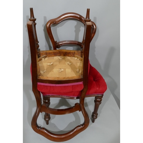 892 - A set of 10 Victorian open back single chairs with red velvet buttoned overstuffed seats on round tu... 