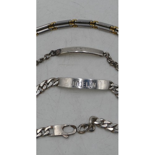 663 - A silver identity bracelet with flat linked chain, a smaller identity bracelet and another bracelet.... 