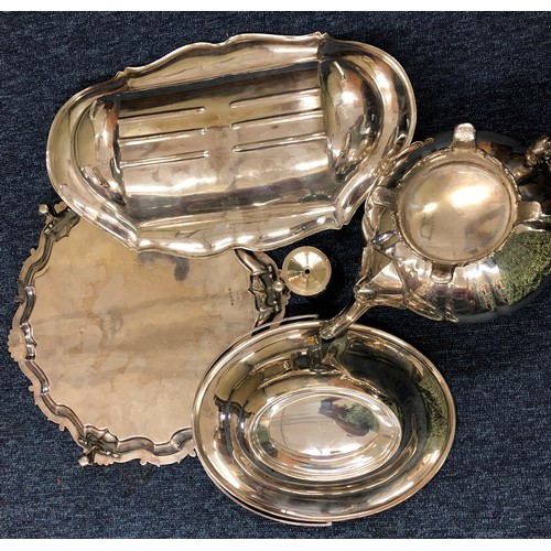 244 - A silver plated round scallop shaped salver with gadroon rim on splayed claw and ball feet, a plated... 