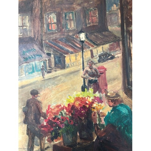 224 - Carel Weight RA (British 1908-1997) oil on panel depicting flower seller in street scene, signed bot... 