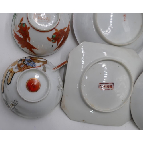 1 - 5 odd Oriental eggshell cups, 7 similar saucers, 2 square side plates and 4 similar larger plates. (... 