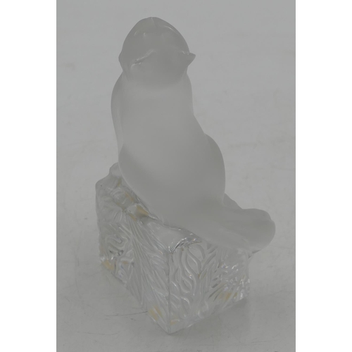 106 - A Lalique frosted glass figure of a seated cat on plinth, 15cm high, signed.