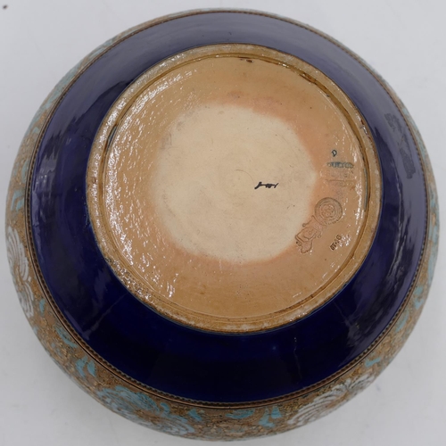 11 - A Royal Doulton glazed stoneware round bulbous thin necked jardinière with crinkled rim on blue and ... 