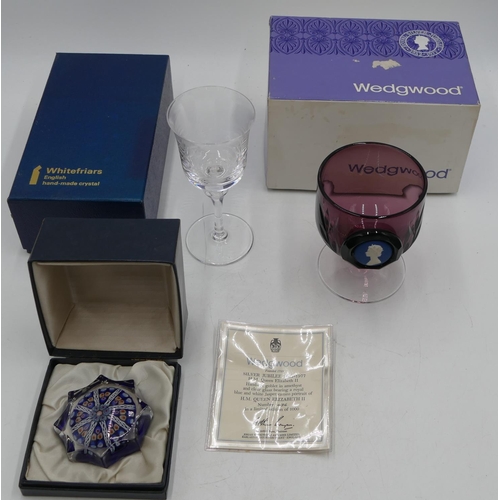 116 - A Wedgewood Silver Jubilee amethyst glass limited edition goblet with certificate, boxed, a Whitefri... 